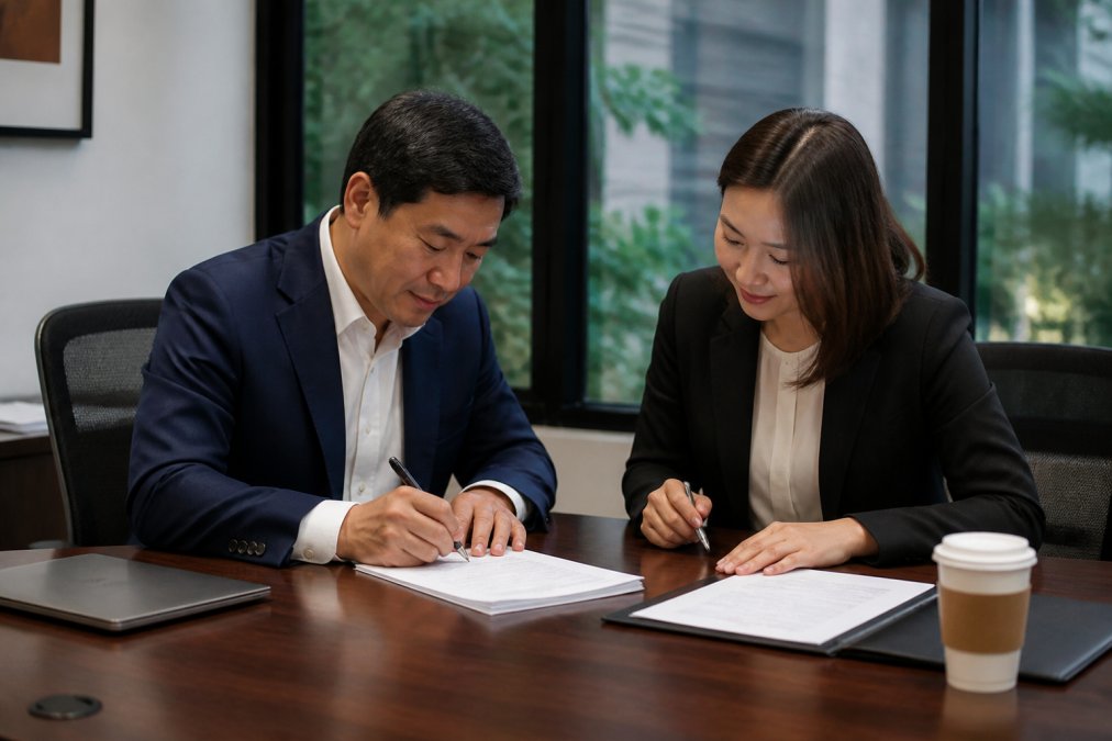 Two professionals in business attire signing real estate documents at a desk with a laptop and coffee, representing the closing process in a modern office setting