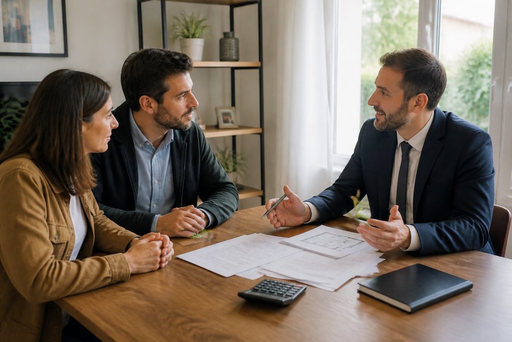 Un agent immobilier en costume discutant avec un couple de propriétaires autour d'une table en bois, des documents de vente et une calculatrice posés devant eux, lumière naturelle traversant une fenêtre