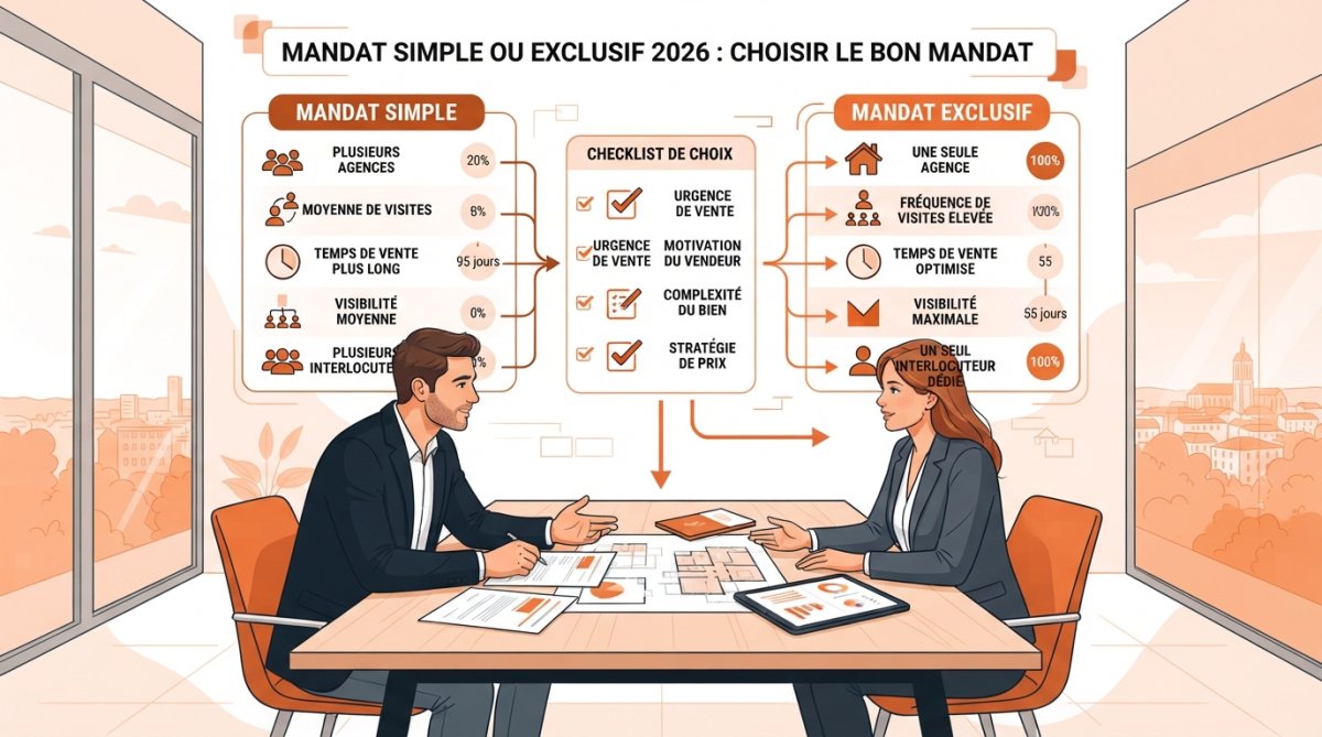 Infographie comparant le mandat simple ou exclusif pour la vente immobilière avec un conseiller et un vendeur au bureau.