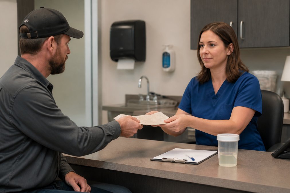 CDL driver providing documentation for a mandatory RTD test for CDL holders at a clinical testing site