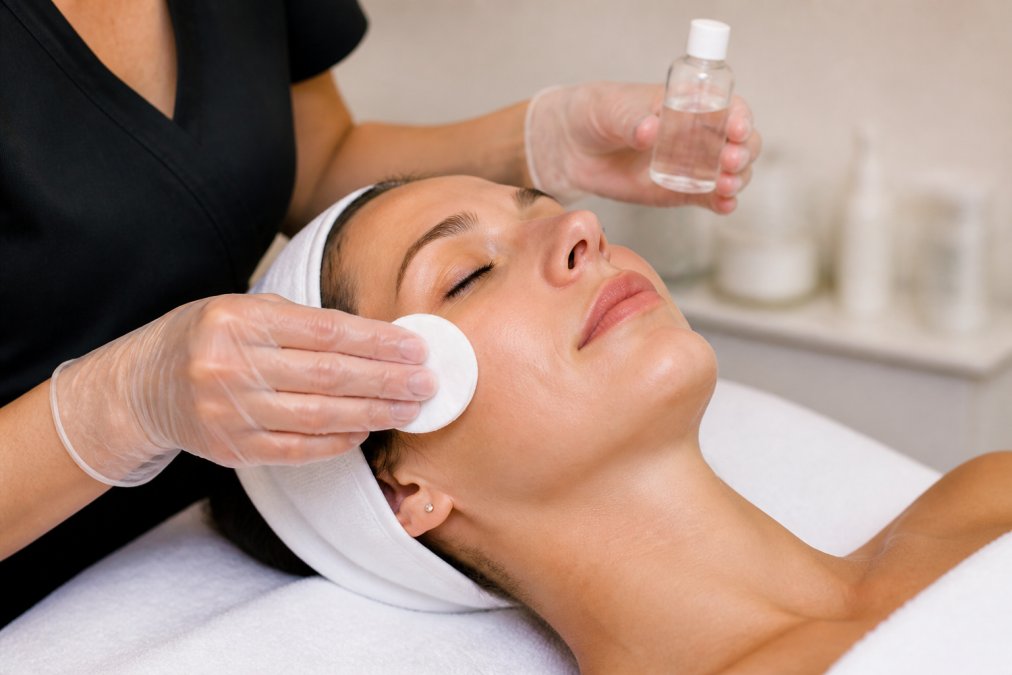 Professional applying mandelic acid toner to clean skin with a cotton pad, showing proper technique on the face with natural lighting