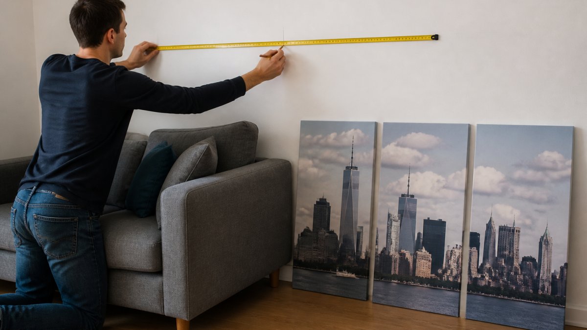 A person kneeling on a wooden floor with a tape measure and pencil, marking panel spacing on a wall above a grey sofa, three unframed triptych prints leaning against the skirting board nearby