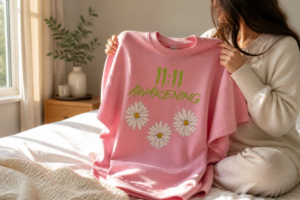 Close-up of hands holding a premium oversized hoodie featuring an angel number design, morning sunlight streaming through a bedroom window, peaceful and intentional atmosphere