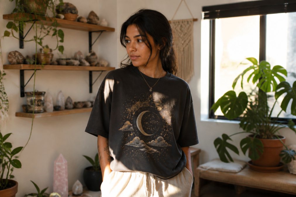 A young adult wearing an oversized vintage-washed spiritual graphic tee with celestial moon and star details, standing in a sunlit apartment with plants and crystals on a shelf behind them, casual intentional lifestyle scene