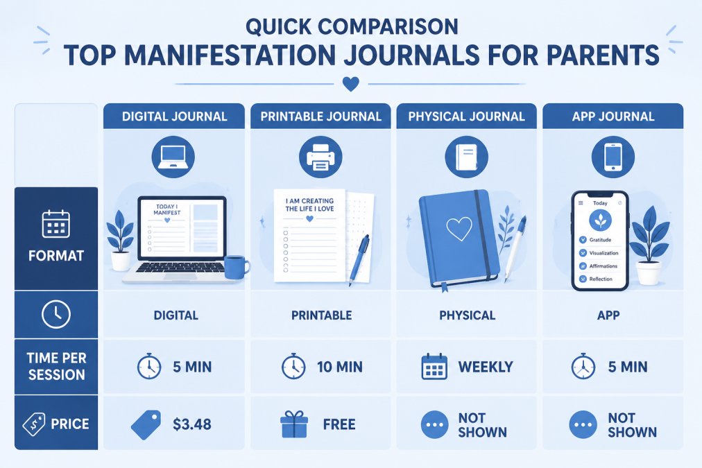 Comparison matrix of manifestation journal options showing Format (digital, printable, physical, app), Time per Session (5 min, 10 min, weekly), and Price ($3.48, Free, Not shown)