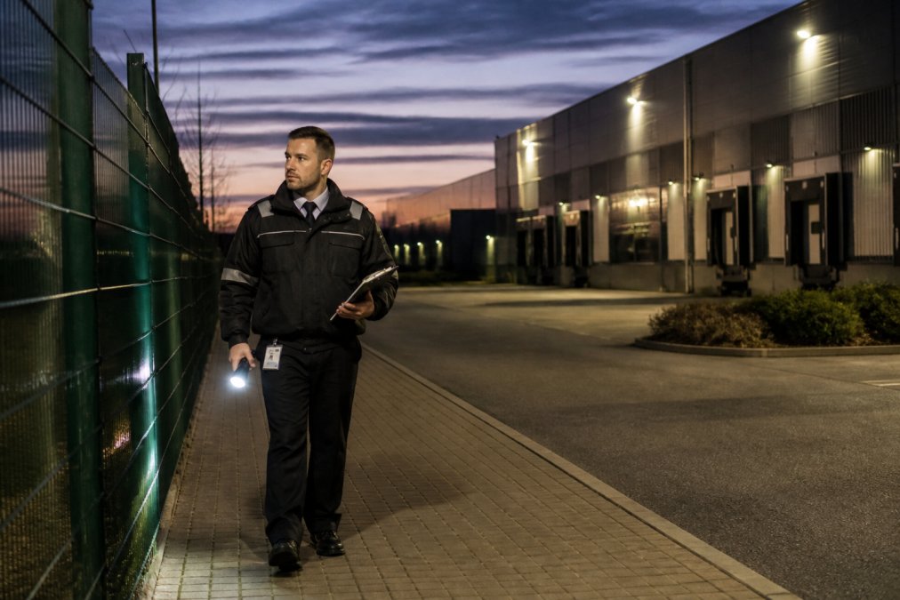 Security officer conducting manned guarding patrols at an industrial estate at dusk