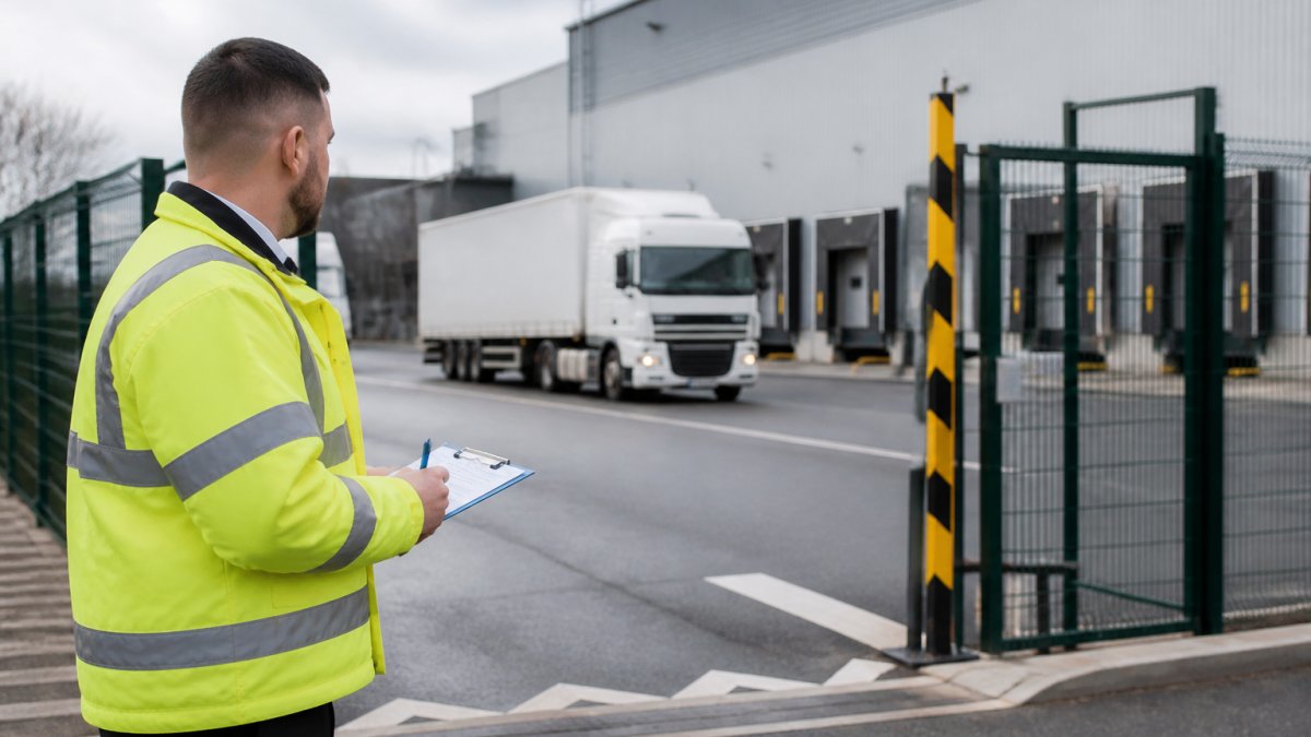 Security guard in high-visibility uniform patrolling a warehouse loading bay as part of manned guarding vs remote CCTV.