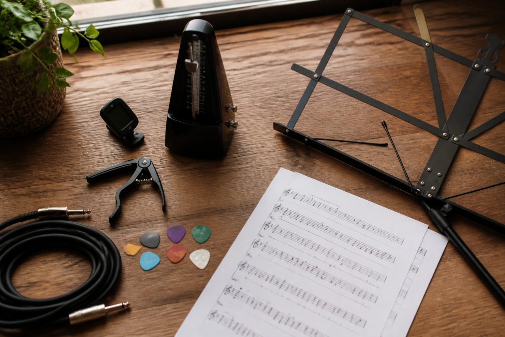 Flat lay of beginner music essentials arranged on a wooden surface: digital tuner, metronome, capo, guitar picks in various colours, cable, music stand, sheet music, and a capo, with natural window lighting from above