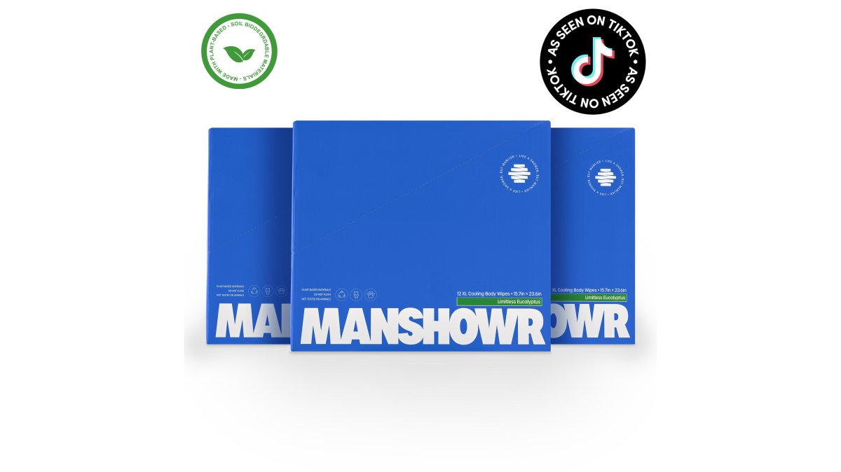 Manshowr XL Cooling Body Wipes - Limitless Eucalyptus - 3 Box Bundle (36 Wipes)