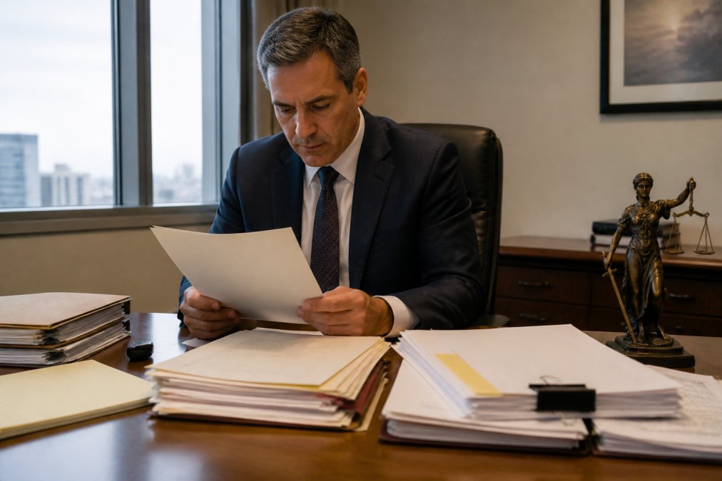 Criminal defense attorney reviewing case files and legal documents at a desk in a professional law office with natural lighting