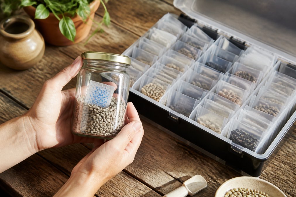 Hands holding a jar with seeds and silica gel for optimal viabilidad semillas storage on a rustic table
