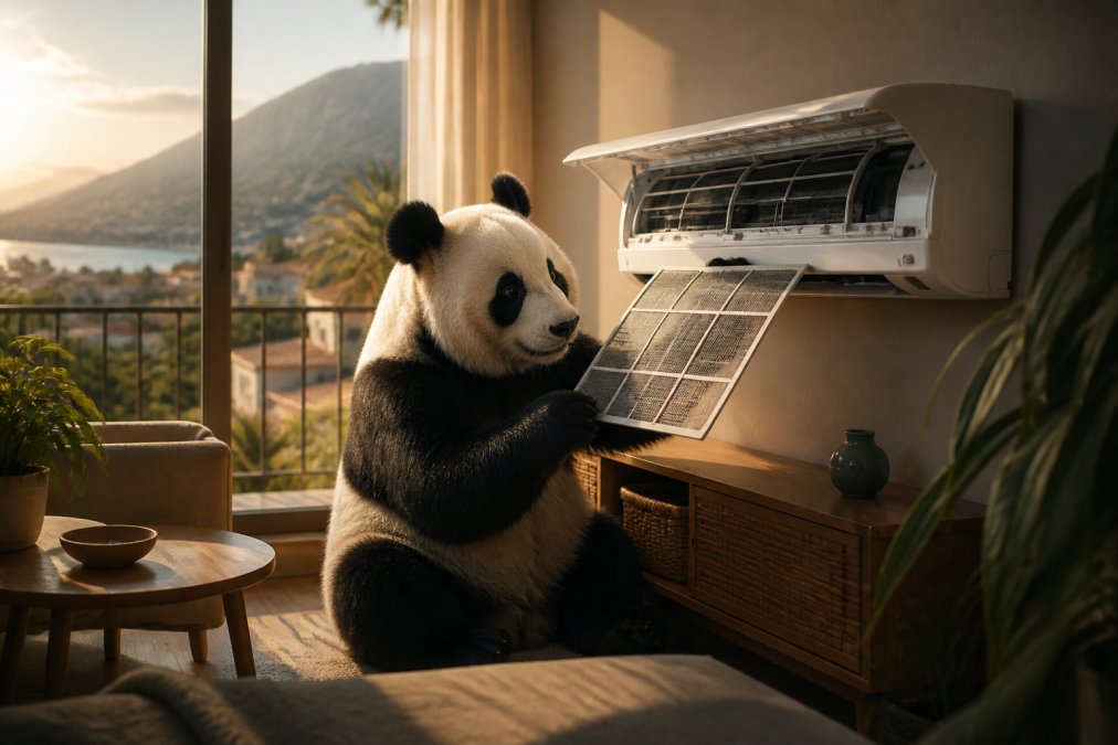 Un oso panda adulto sentado junto a una unidad interior de aire acondicionado abierta, sosteniendo con sus patas un filtro rejilla que extrae del equipo, en una habitación luminosa de apartamento costero con luz cálida de tarde