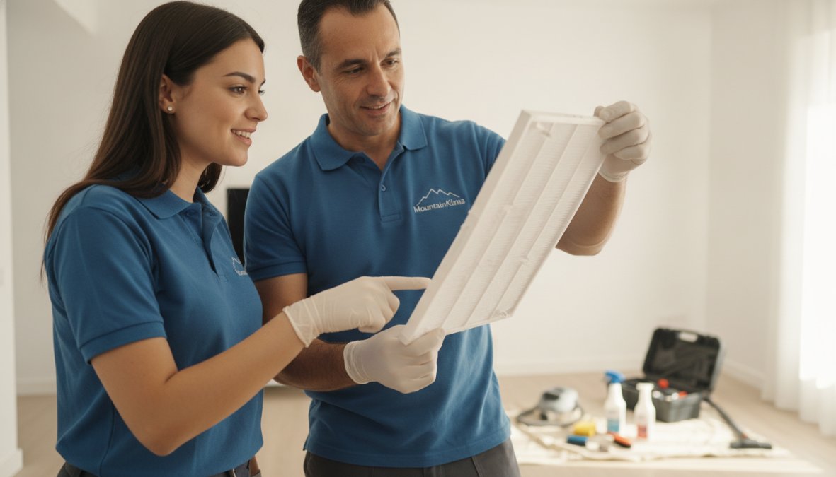 Un tejón curioso examinando cuidadosamente un filtro de aire acondicionado sucio, con herramientas de limpieza y un paño de microfibra borrosos al fondo en una habitación bien iluminada