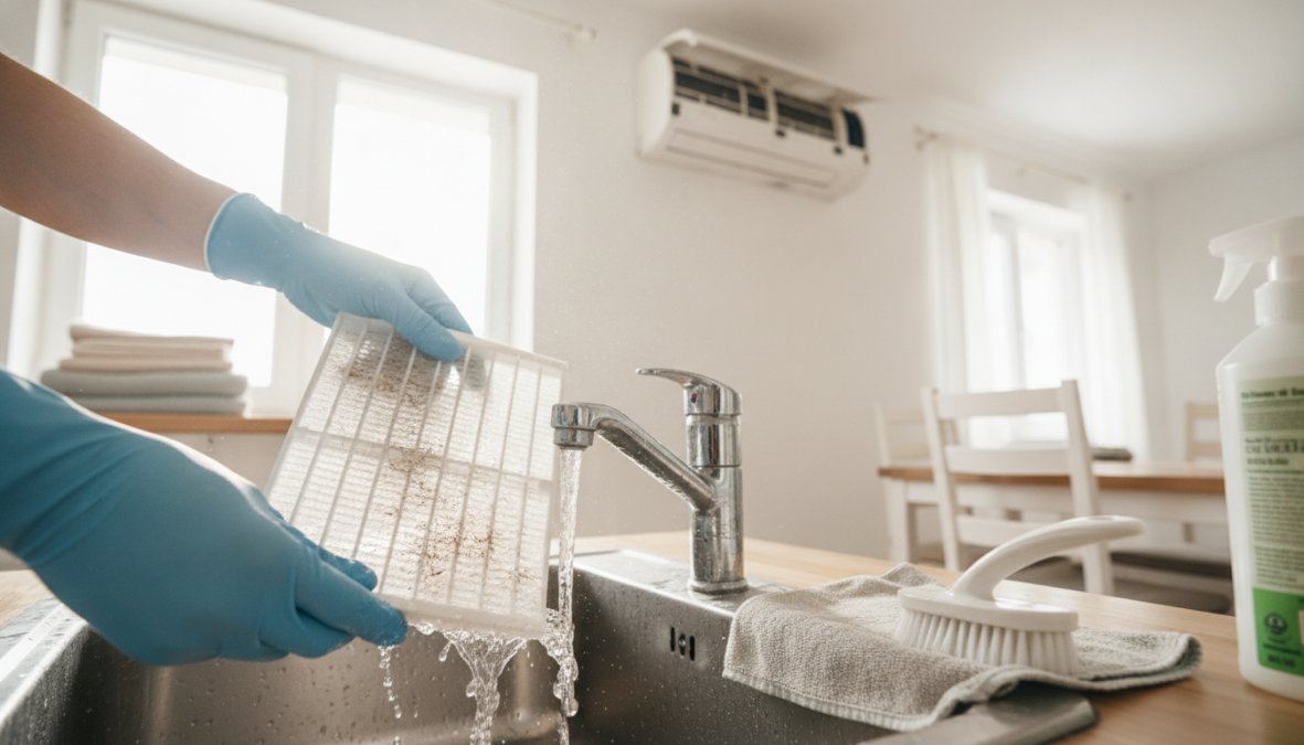 Close-up of a technician carefully removing and cleaning a dusty air conditioning filter from a wall-mounted split unit inside a bright, modern vacation apartment with white walls and natural light coming through a window