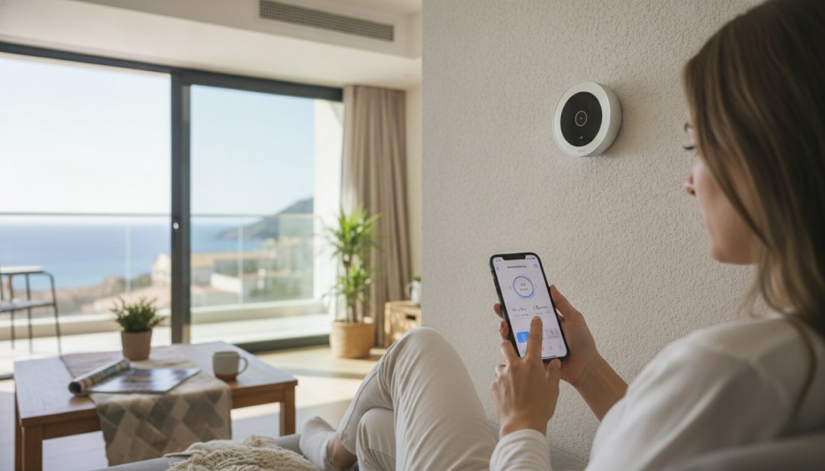 A person sitting in a bright kitchen using a smartphone app to remotely adjust the thermostat of a vacation home, with a modern white smart thermostat device visible mounted on the wall in the background