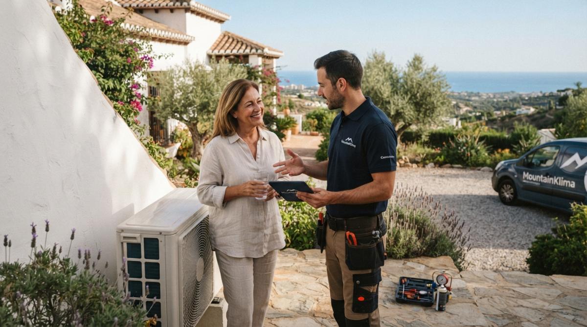 Un águila posada sobre la unidad exterior de aire acondicionado de una villa moderna en Mijas, con vistas al Mediterráneo al fondo