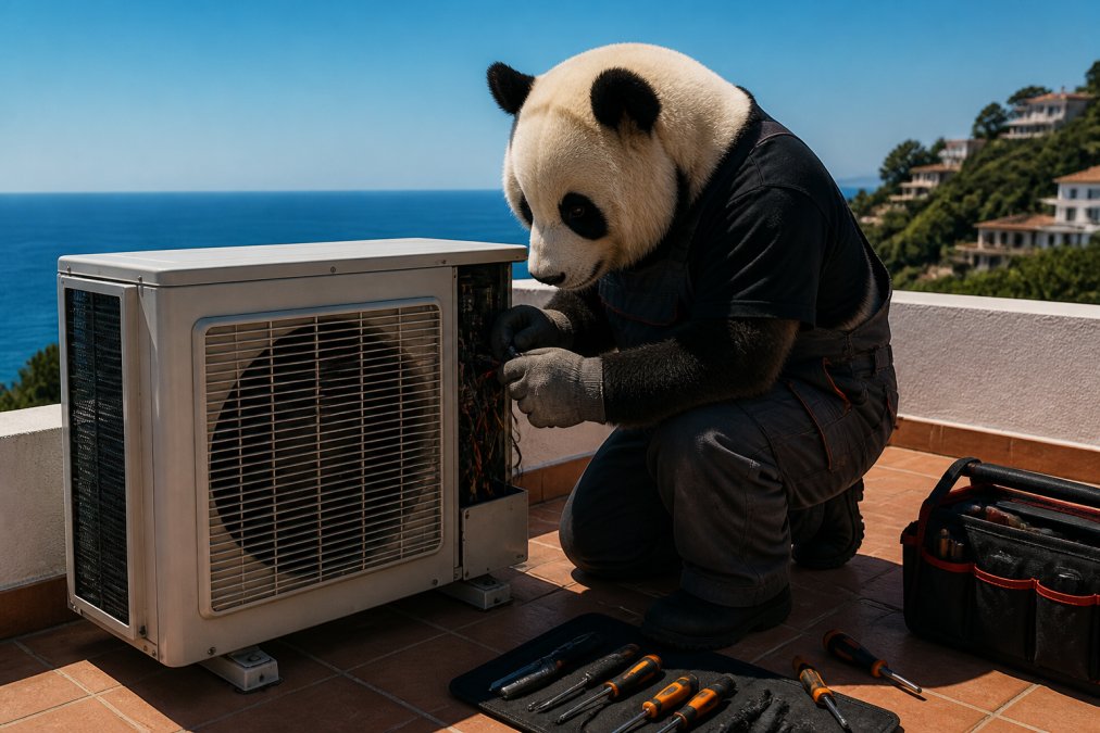 Un oso panda con guantes de trabajo inspeccionando la unidad exterior de un aire acondicionado en una terraza soleada junto al mar, con herramientas de mano apoyadas en el suelo y luz de mediodía