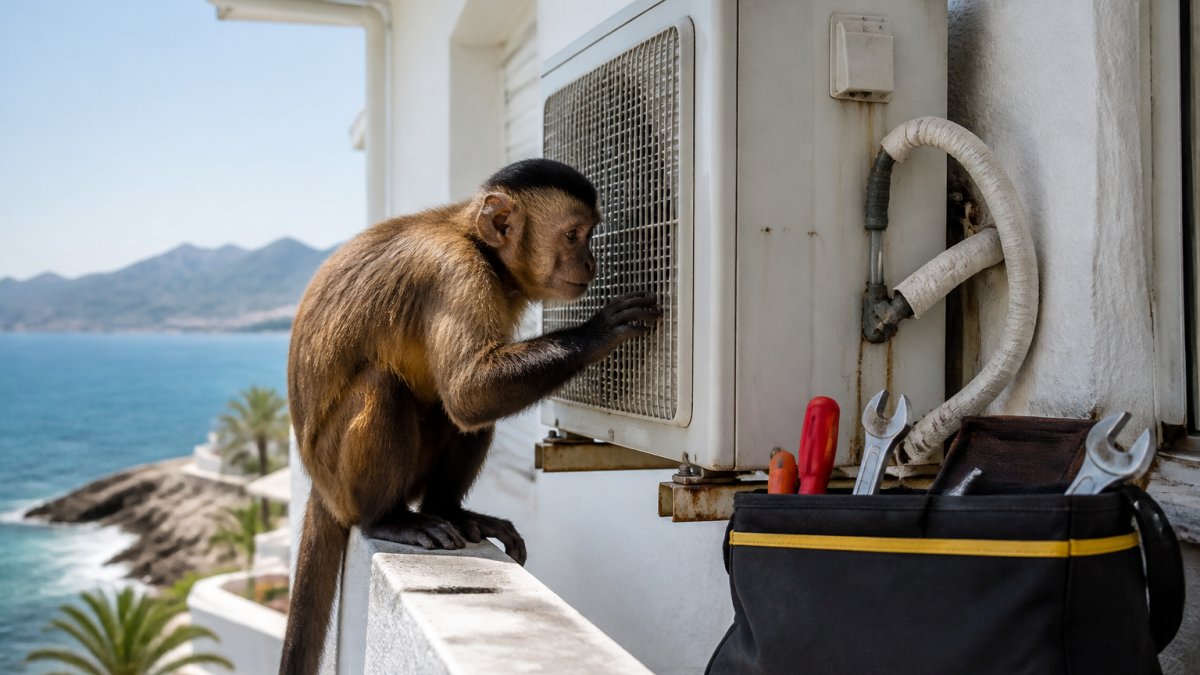 Mono capuchino inspeccionando el aire acondicionado durante el mantenimiento preventivo en una fachada costera.
