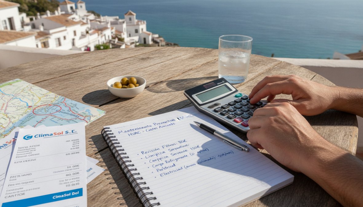 A certified HVAC technician in blue uniform crouching to inspect an outdoor condensing unit on a sun-drenched Mediterranean terrace, with tools laid out on a white towel nearby and a distant view of the Costa del Sol coastline in the background