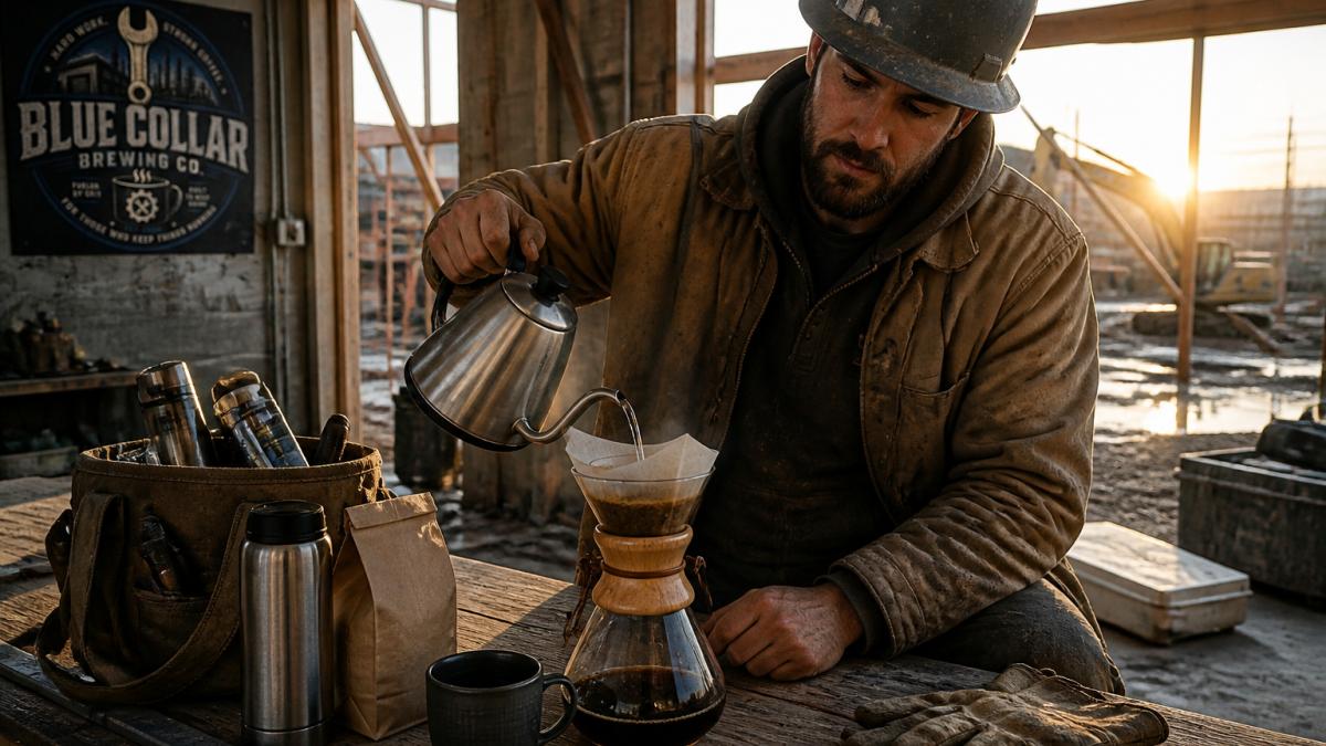 Construction worker pouring hot water into a manual coffee dripper on a job site during a morning break