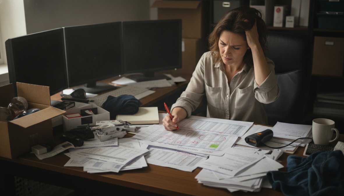 Frustrated small business owner sitting at a cluttered desk surrounded by printed spreadsheets and sticky notes, staring at multiple computer screens showing different inventory platforms, under harsh fluorescent office lighting
