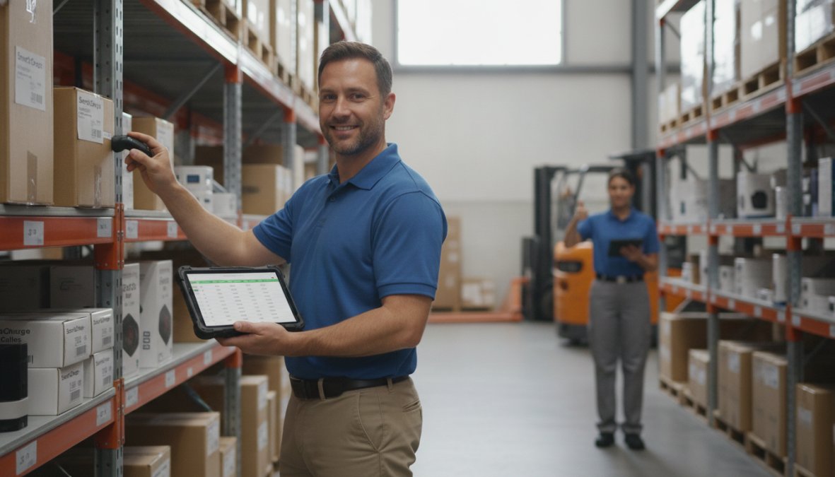 Confident warehouse manager in a high-visibility vest holding a tablet, scanning barcodes on shelving units filled with labeled product boxes, in a well-lit modern fulfillment warehouse