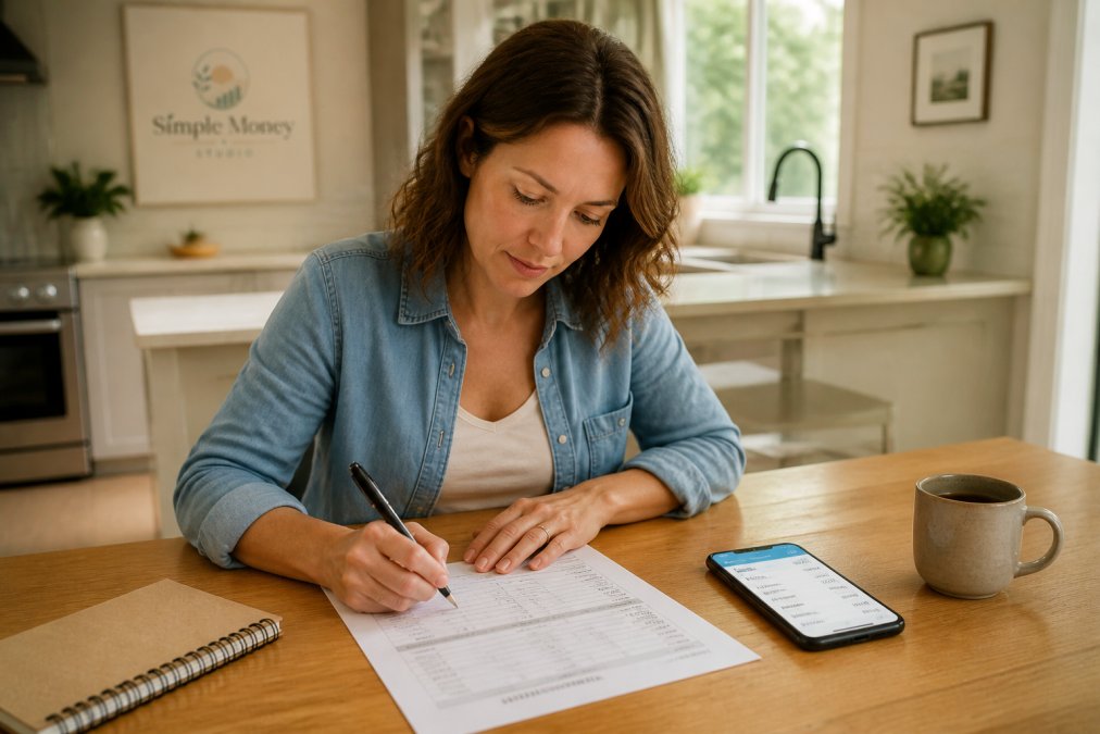 Person using a printed budget worksheet alongside a mobile banking app on a smartphone at a kitchen table