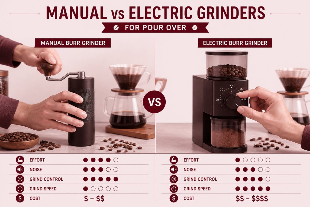 Comparison diagram showing manual and electric burr grinders with coffee beans and a pour-over dripper setup