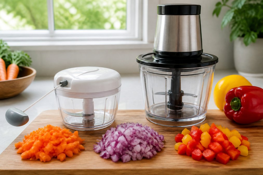 A kitchen countertop with a manual pull-cord vegetable chopper and an electric food processor side by side, surrounded by freshly chopped carrots, onions, and bell peppers on a wooden cutting board, bright natural light from a window