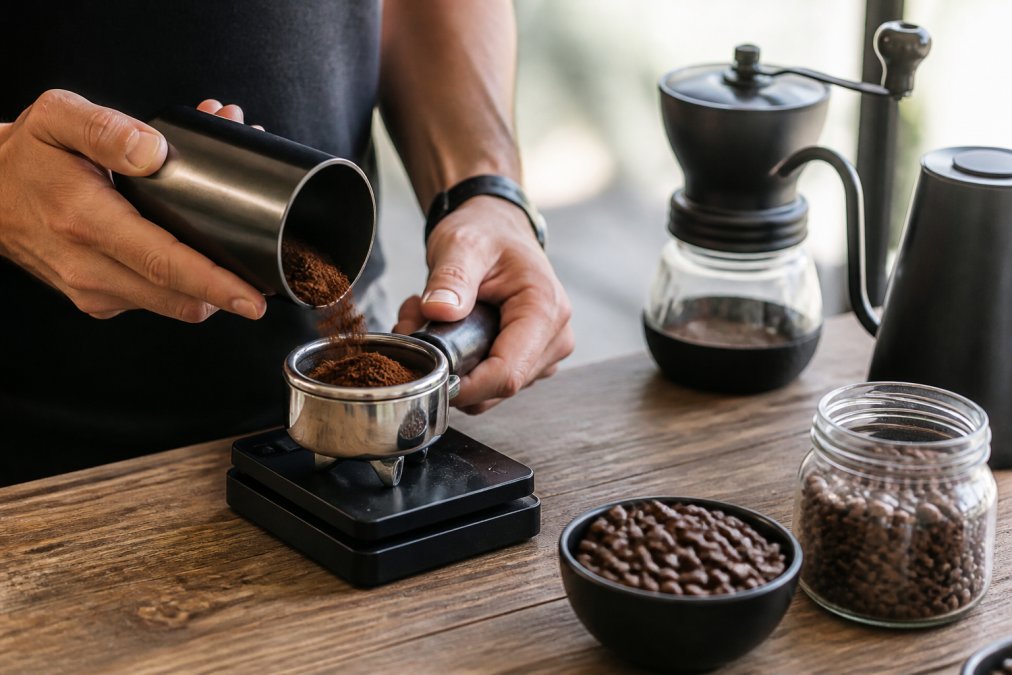 Barista's hands dosing finely ground coffee into a portafilter on a precision scale, with coffee beans and a manual grinder visible on a wooden counter in natural daylight