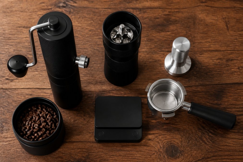 Flat-lay arrangement of essential espresso equipment on a wooden surface: manual espresso machine, hand grinder with visible burrs, metal tamper, portafilter, measuring scale, and roasted coffee beans