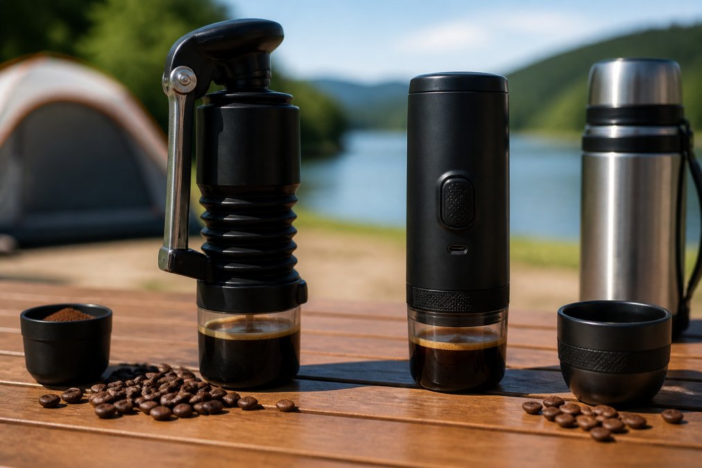 En manuel bærbar espressomaskine med synlig pumpemekanisme og en elektrisk model med USB-port placeret side by side på en udendørs campingtabel, omgivet af kaffe, hele kaffebønner og en termokande i naturligt dagslys