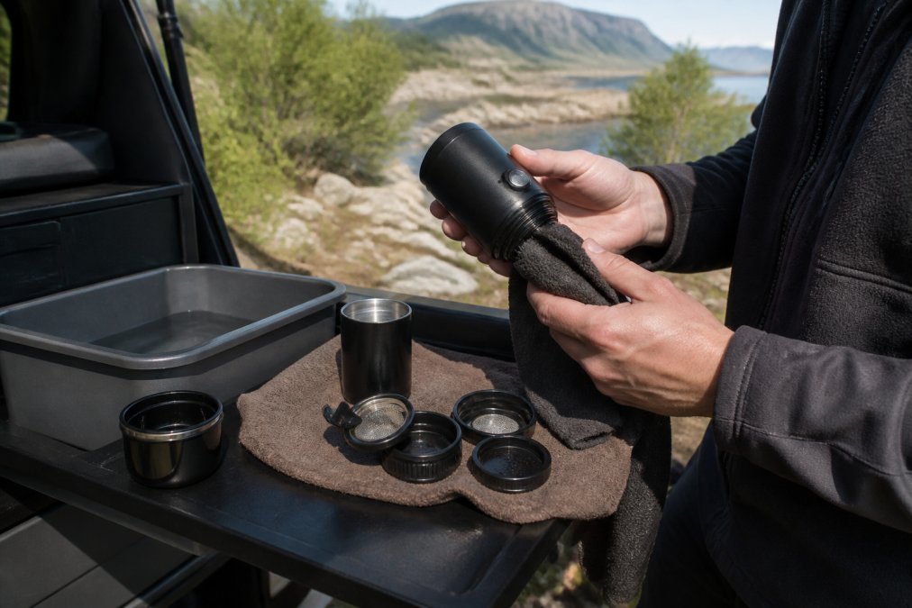 En person omhyggeligt renser en bærbar espressomaskine ved en campingopvask med varmt vand og en blødt tørklæde, med maskinens forskellige dele spredt på en ren klud i naturligt dagslys