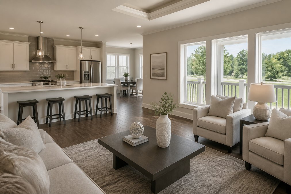 Modern manufactured home living room featuring hardwood floors, quartz countertops, and high quality finishes.