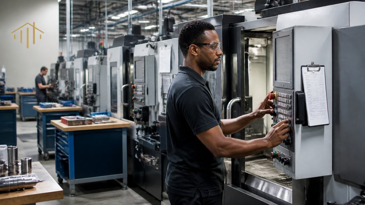 Skilled manufacturing worker operating CNC machinery in a modern industrial facility with precision machine tools and bright overhead lighting