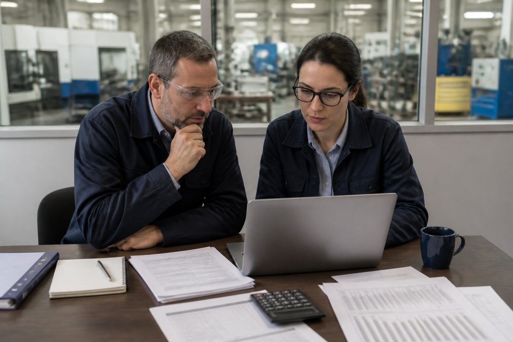 A manufacturing operations manager and a software engineer reviewing ERP cost projections on a laptop in a factory office, production floor visible through a window behind them