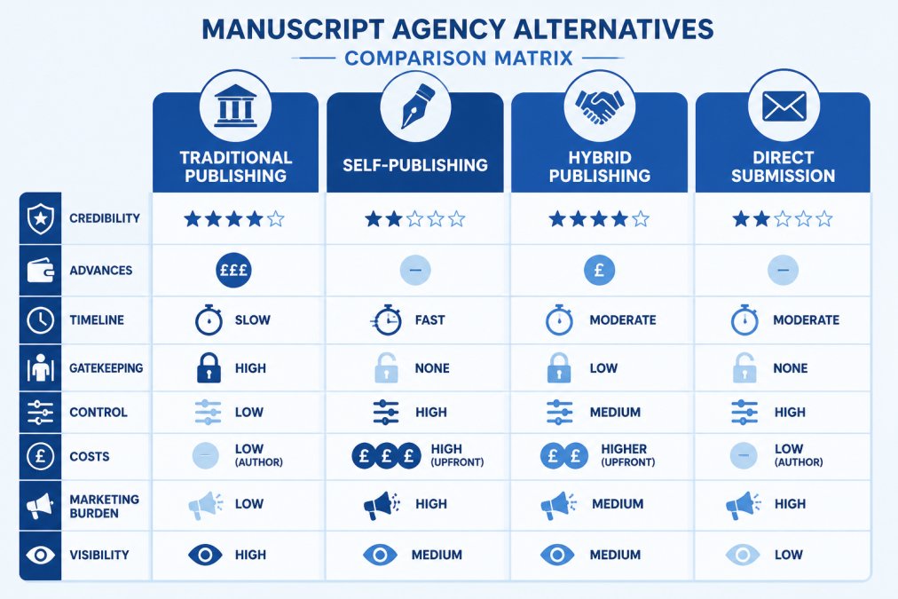 Comparison matrix showing manuscript agency alternatives: Traditional publishing (credibility, advances, slow timeline, agent gatekeeping) vs Self-publishing (control, speed, upfront costs, marketing burden) vs Hybrid publishing (support plus control, higher costs) vs Direct submission (no middleman, harder visibility)