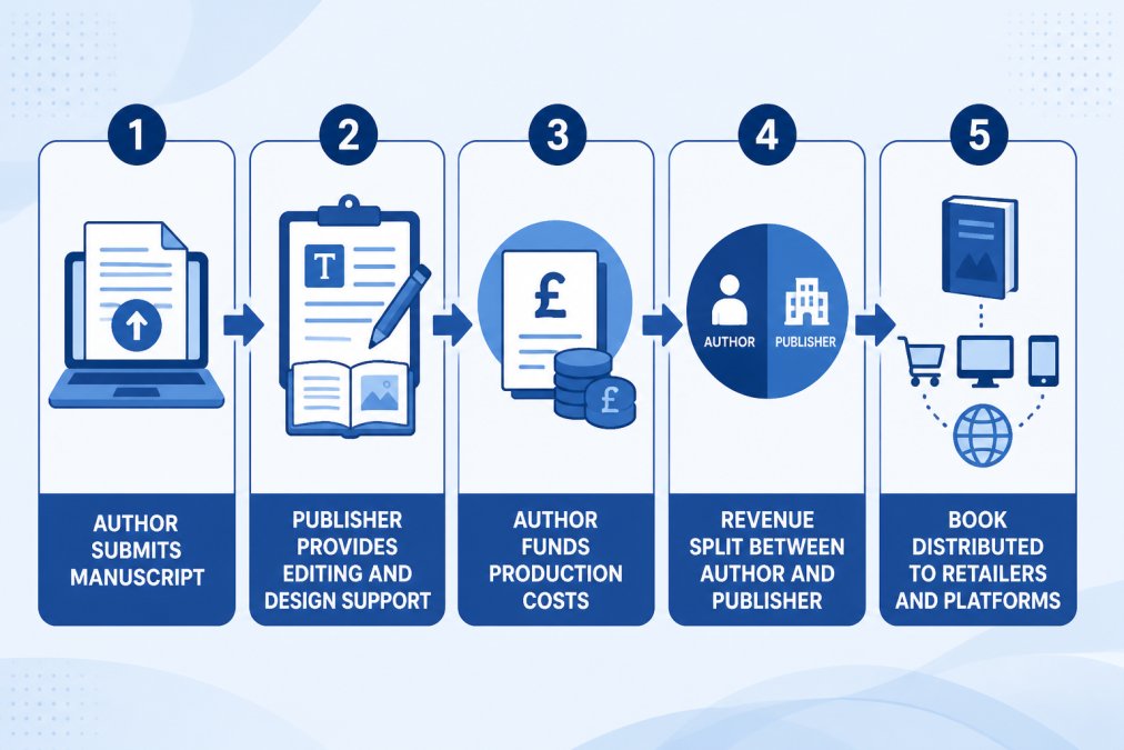 Flowchart showing hybrid publishing workflow: Author submits manuscript → Publisher provides editing and design support → Author funds production costs → Revenue split between author and publisher → Book distributed to retailers and platforms