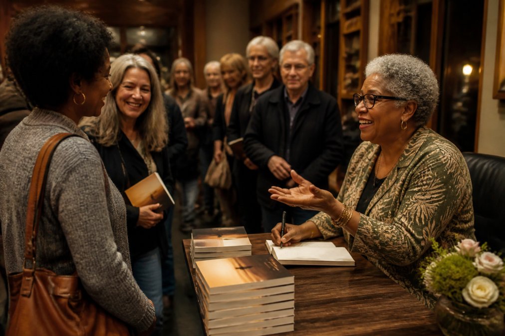 Author presenting their book at a literary event, engaging warmly with readers in a professional setting with warm lighting
