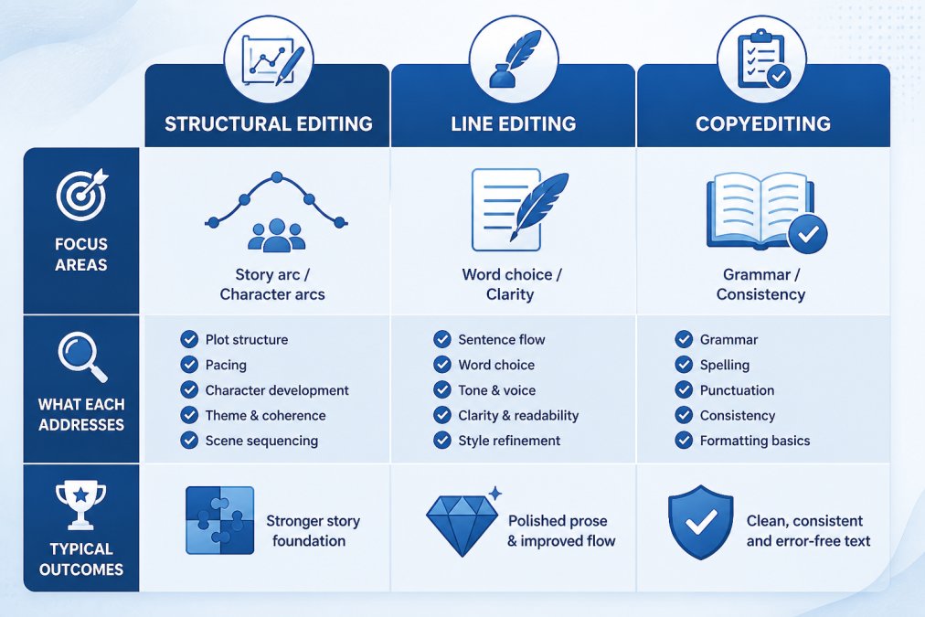 Comparison matrix showing structural editing vs line editing vs copyediting: focus areas (story arc/character arcs vs word choice/clarity vs grammar/consistency), what each addresses, and typical outcomes