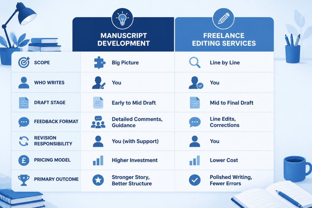 Comparison matrix with two columns, manuscript development and freelance editing, and rows for scope, who writes, draft stage, feedback format, revision responsibility, pricing model and primary outcome