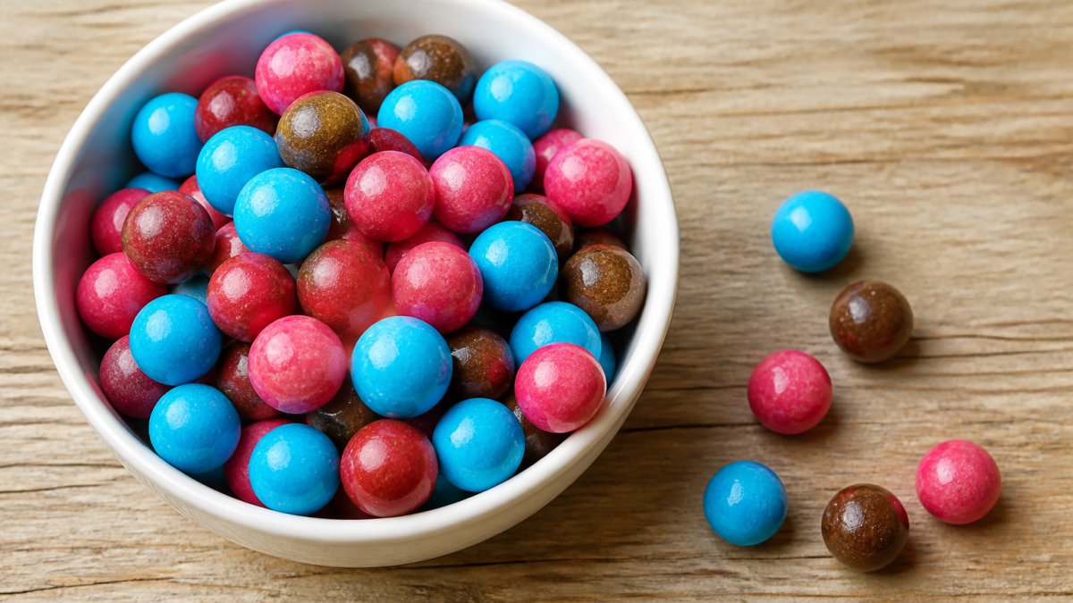 A close-up overhead shot of a white bowl filled with colourful round chewy pinball sweets in blue, cola-brown and berry-pink shades, resting on a light wooden table with a few sweets scattered beside it