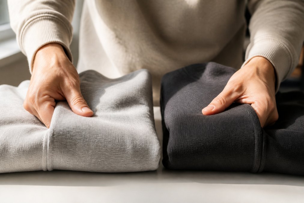 Close-up of hands pressing and feeling the thick weave of a heavyweight cotton sweatshirt fabric in warm natural window light