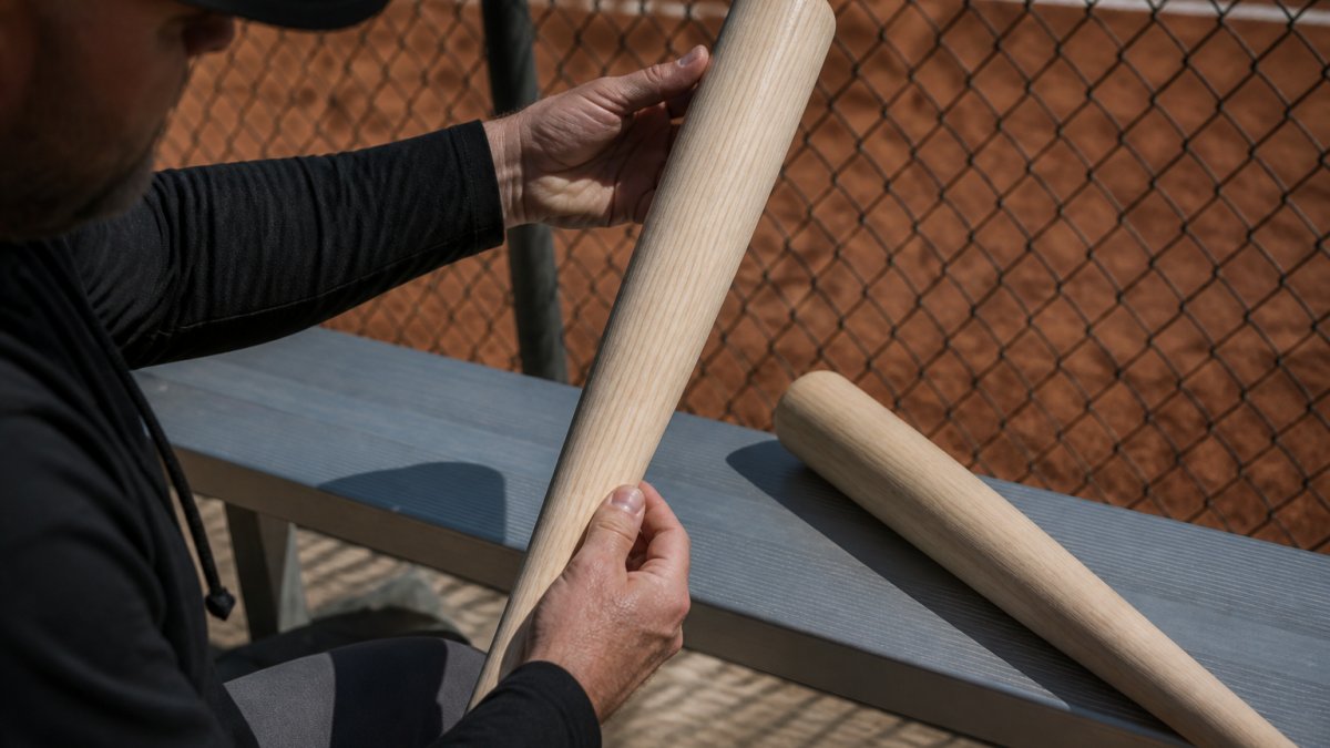 Coach inspecting the straight grain of a wood bat to compare maple vs ash durability in the sunlight.