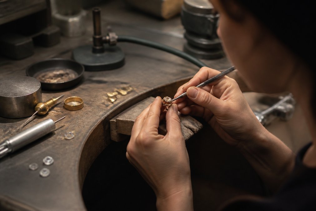 A jeweller's hands carefully crafting a bespoke engagement ring at a workbench, with precious metal scraps, gemstones, and specialised tools visible in soft studio lighting