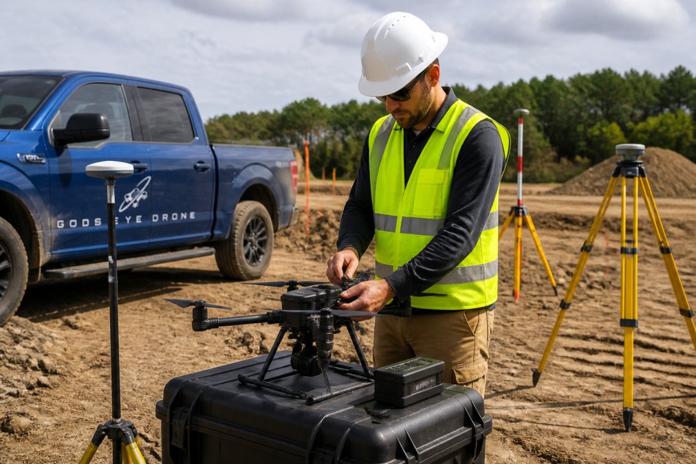 Certified drone pilot preparing professional mapping and surveying drone at construction site with GPS survey markers and measuring equipment visible on ground below