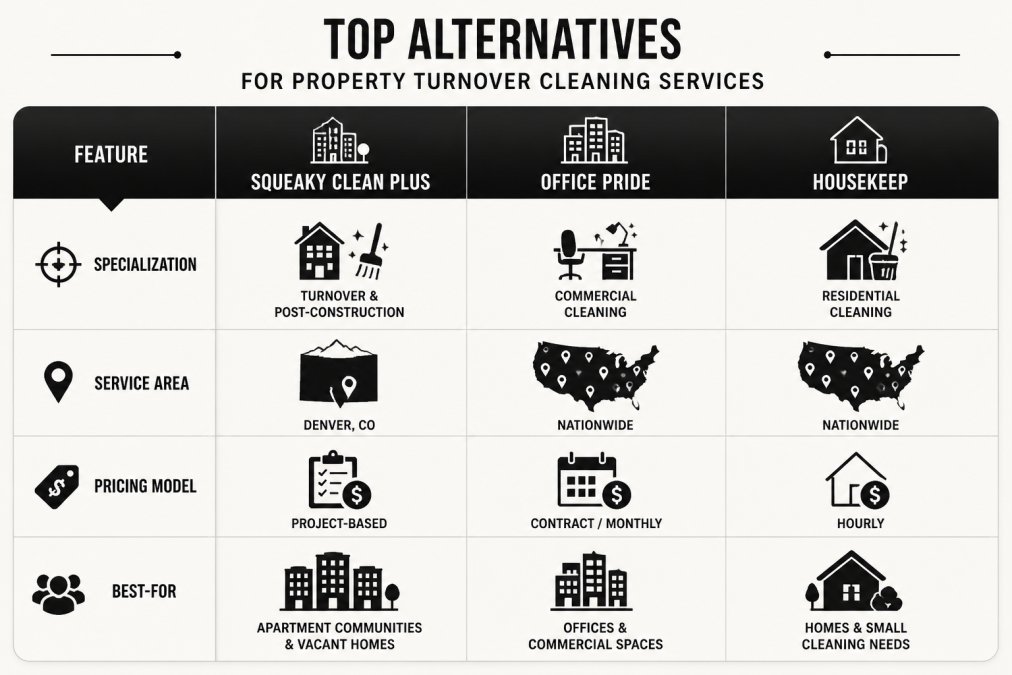 Feature comparison matrix of Squeaky Clean Plus, Office Pride, and Housekeep showing specialization, service area, pricing model, and best-for category