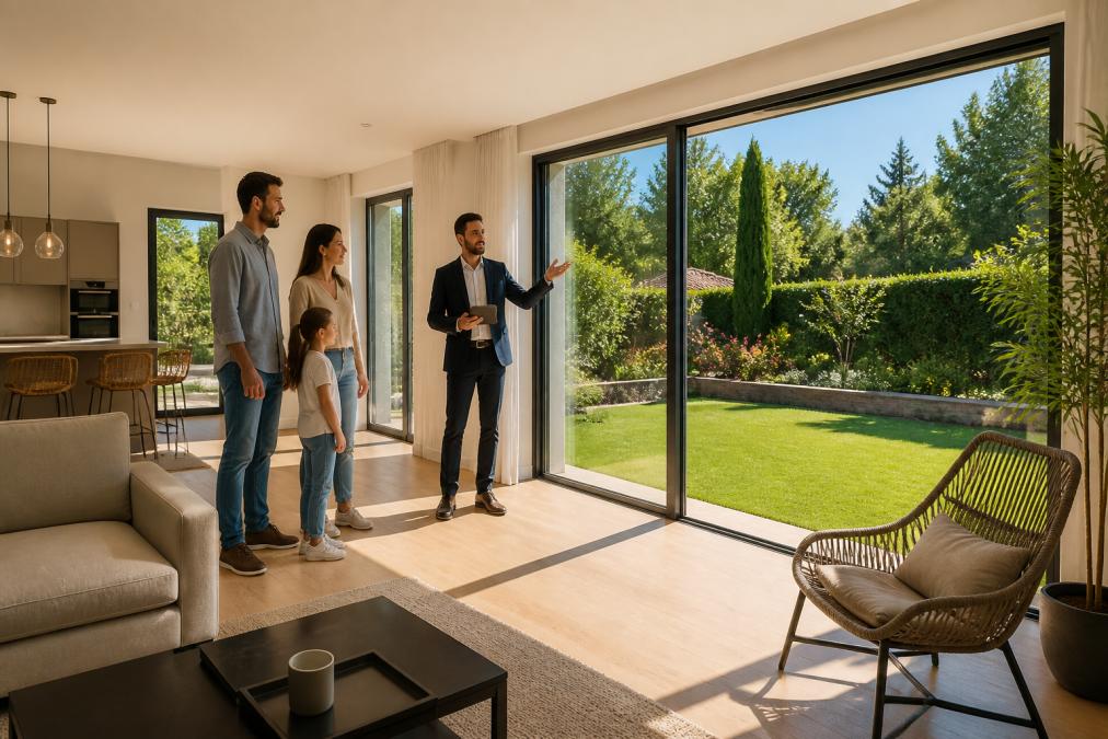 Une famille visite une maison moderne ensoleillée sur le marché immobilier 2026 avec un agent immobilier.