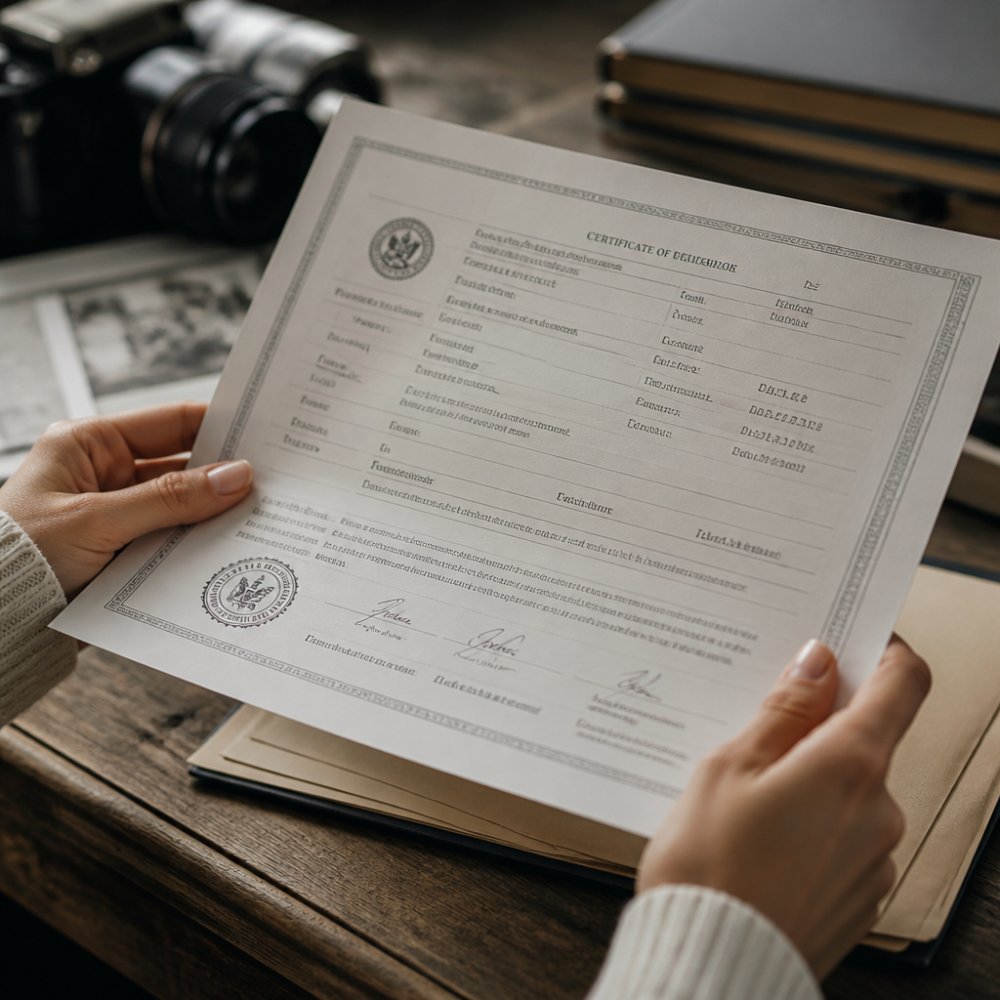 Close-up of hands holding a printed public records document with personal details visible, showing verification markers like dates and signatures