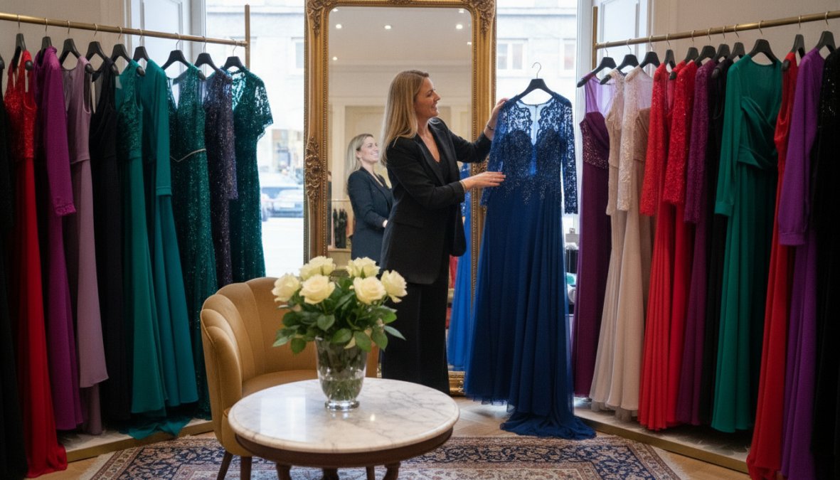 Professionele stijlist helpt klant met het selecteren van een elegante bruidsmoederjurk in een winkel vol spiegels en kledingrekken, warm licht van kristallen kroonluchters